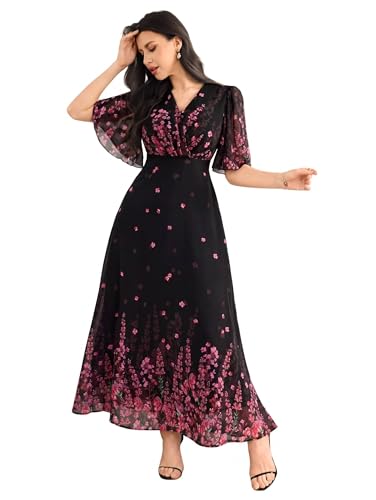 Image of Women's Georgette Dresses Floral Printed One Piece | V Neck Flutter Sleeve Casual Summer Dress with Belt | Elegant Office Wear & Party Dress