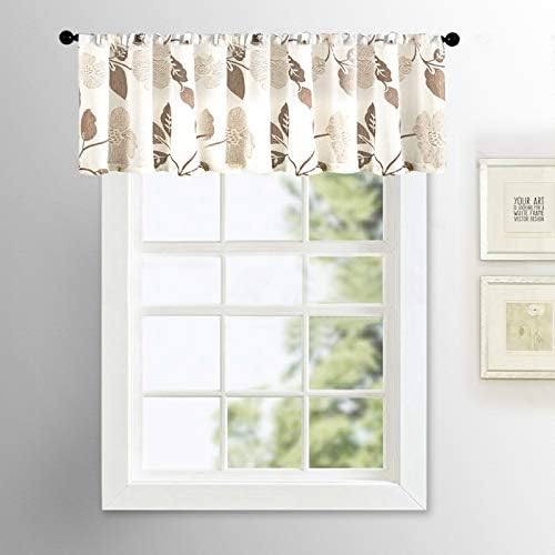 MRTREES Sheer Printed Valance Curtains for Kitchen Windows, Small Modern Rod Pocket Voile Valance Window Treatment Decor for Bathroom Basement(1 Pack, 54" W x 16" L, White with Brown Floral Pattern)