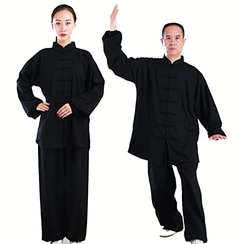 OXFUZZ Traje de Tai Chi de Manga Larga Kung Fu Traje Mujer Hombre Ropa De Artes Marciales Algodón y Lino Kung Fu y Wing Chun Ropa,Black-L