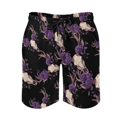 Deer Animal Skull with Floral Men's Swim Trunks Quick Dry Board Shorts Hawaiian Beach Shorts With Pocket4