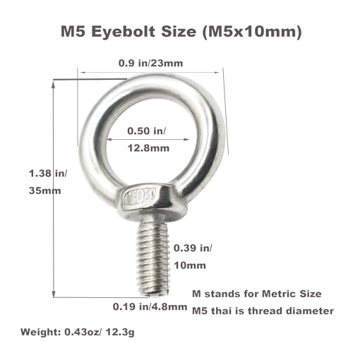 Image of Stainless M5 Eyebolt 0.39 inch(10mm) Long Male Ring Threaded Screw Lifting Shoulder Eye Bolts with Nuts Washers,10 PCS