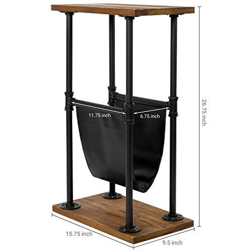 Mygift 27 Inch Rustic Burnt Wood End Table With Leatherette Magazine Sling Holder, Narrow Side Table For Small Spaces With Industrial Metal Pipe Legs And Wooden Base #TOP2