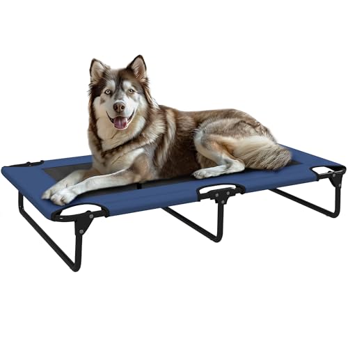 PawHut Lit surélevé pour Chiens Pliable rafraîchissant, lit de Camp pour Animaux avec Pieds en Acier Maille aérée intérieur et extérieur 107 x 61 x 20 cm Bleu...