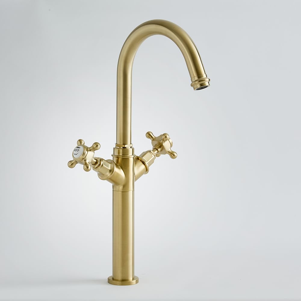 Milano Elizabeth High Rise Bathroom Basin Mixer Tap Crosshead Handles - Brushed Brass