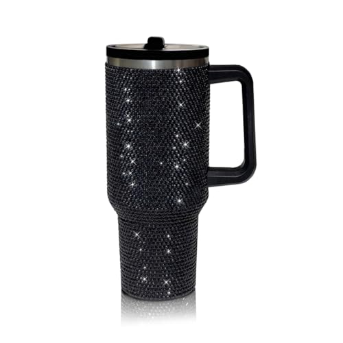 Image of 40 Oz Rhinestone Tumbler with Handle and Flip Straw | Insulated Stainless Steel Double Layer Bling Tumbler | Leak Proof Glitter Tumbler for Women | Reusable 1200ml Travel Bling Cups Black