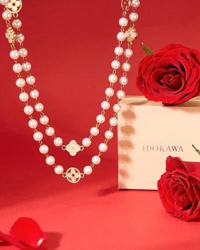 8MM Round Simulated Shell Pearl Strand Layered Necklace for Women, Dainty Multiple Strands Long Necklace for Party, Vintage Costume Jewelry2