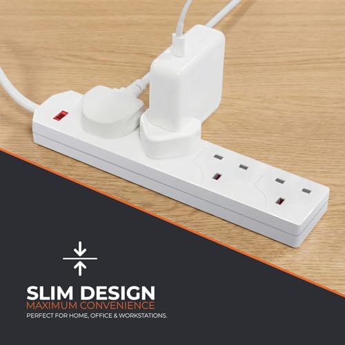 Wolf Power Extension Lead, 4 Gang, 2 Metre Extension Cable with UK 3 Pin Plug & Socket, Wall Mountable Power Strip for Home, Office & Appliances (White, 1 Pack)