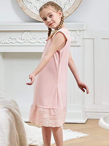 Vieille Little Nightgowns For Girls Kids Jammies Pink Eyelet Embroidery Hem Night Dress Cute Sleepwear Clothes Crewneck Flutter Sleeve Night Gown Pajama Dress, Medium (7-8 Years) #TOP3