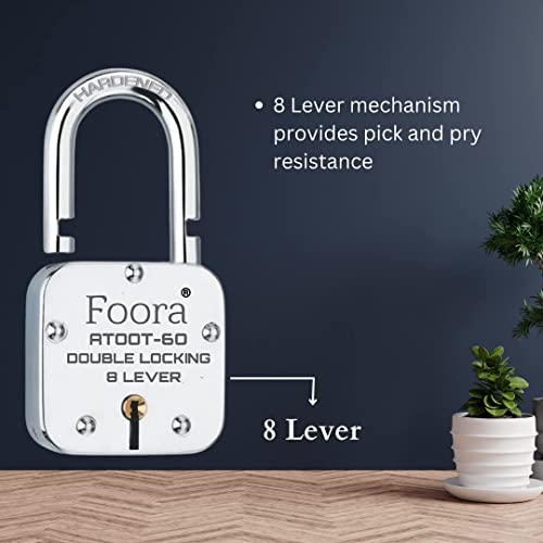 Image of Foora ATOOT-60 Double Locking Padlock, 8 Lever Security, Hardened Shackle, 60mm, 5 Keys, Silver