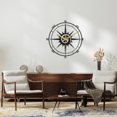 Image of Modern Compass Wall Clock, Oversized Wall Clock, Metal Wall Clock, Large Wall Clock, Minimalist Wall Clock, Silent Wall Clock, Gear Wheel Wall Clock (15.7 Inch)