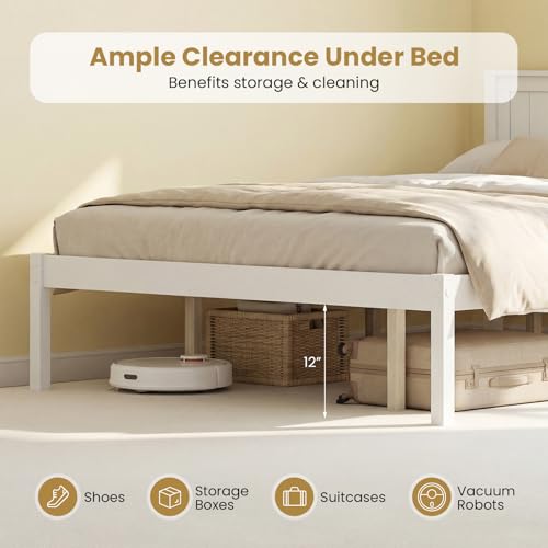 Image of GIANTEX Queen Wood Platform Bed Frame with Headboard, Mid Century Queen Bed Frame with Wood Slat Support, Solid Wood Foundation with 16 inch Under Bed Storage, No Box Spring Needed, Easy Assembly (White)