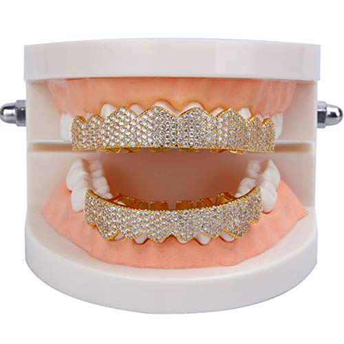 Dentes de metal dourado, conjunto de suporte estilo hip hop joias de dentes banhadas a ouro elegante