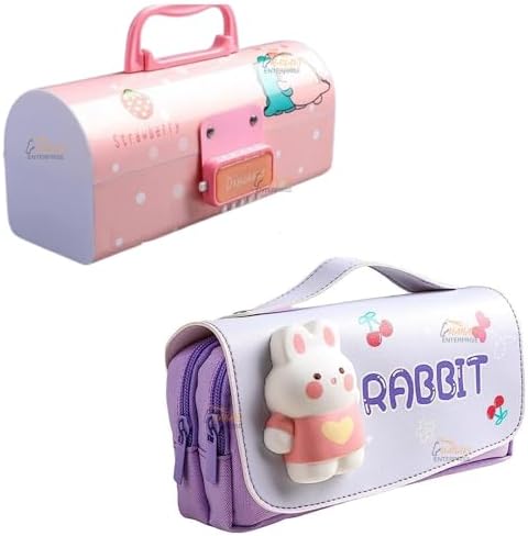 Pencil Case Style Password Lock Multi-Layer Pencil Box & 3D EVA Pencil Case Pouch for Boys Girls (Dinosuar Pink P.Box+Rabbit Pouch)