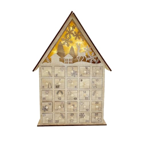 Calendrier de l'Avent en bois avec LED et décors de Noël cabane et renne