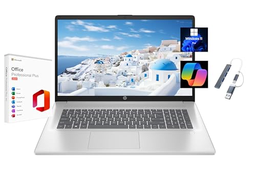 Image of HP 17.3 inch HD+ Laptop, with Free Lifetime Microsoft Office 2024, Intel Core i5-1334U, 12GB RAM, 256GB SSD, Intel Iris Xe Graphics, Windows 11 Pro, Natural Silver, with USB Hub