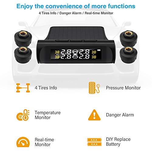 3T6B Tpms 4 Tire Pressure Monitoring System Solar Power Wireless Double Dry Battery Smart Tire Safety Monitor With External Cap Sensors Real Time Pressure & Temperature Alerts(Batteries Not Included) #TOP6
