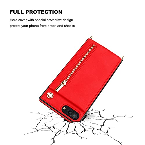 Kihuwey Iphone 8 Plus Iphone 7 Plus Crossbody Wallet Case With 5 Card Slots, Wrist Strap Protective Kickstand Shoulder Cross Body Zipper Pocket Cover Case 5.5 Inch (Red) #TOP4