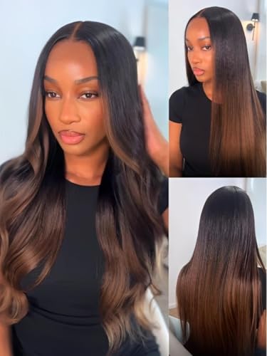 UNICE Yaki Straight 13x4 Lace Front Wigs Human Hair with Drawstring Pre Everything Glueless Frontal Human Hair Wig Pre Plucked Pre Cut Bleached Knots Chestnut Brown ombre Color 150% Density 20 inch