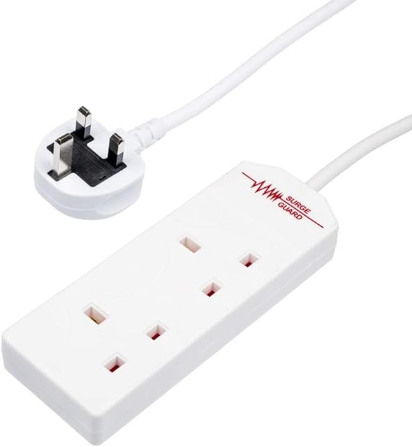 Invero® 2 Way Gang Double Socket Power Mains Extension Lead 5M Metre Cable - Surge Protected British Approved 13A - White