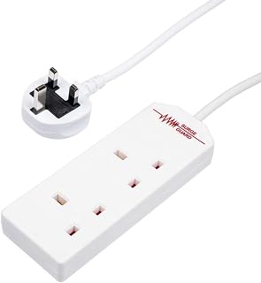 Invero® 2 Way Gang Double Socket Power Mains Extension Lead 2M Metre Cable - Surge Protected British Approved 13A - White