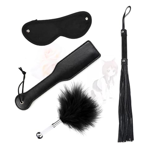 HUNTVE - Fouet en Cuir+Plumes & Paddle+ Masque pour les yeux Set 4 Pièces Cravache fouet érotique pour les couples