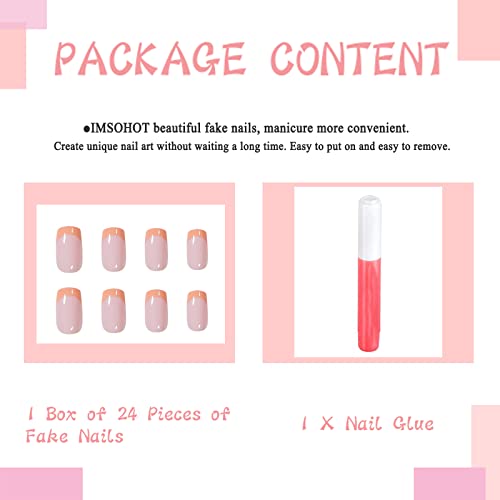 Imsohot 24Pcs Square Press On Nails Medium French Fake Nails With Nail Glue Orange Squoval False Nails Glossy Full Cover Acrylic Nails For Women #TOP3