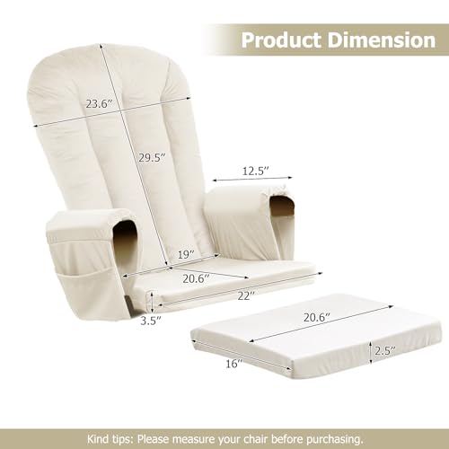 Image of Lucky Monet 5PCS Velvet Glider Rocker Replacement Cushions, Thickened & Supportive Rocking Chair Cushion Set with 29.5 Inch High Backrest & Storage Pockets, for Indoor Nursery Glider, Beige