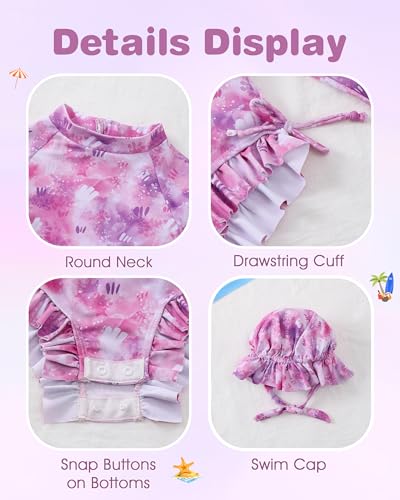 Image of Renotemy Baby Girls Swimsuit Drawstring Zip Bathing Suit Long Sleeve One-Piece Rash Guard Swimwear with Hat for Infant Girl