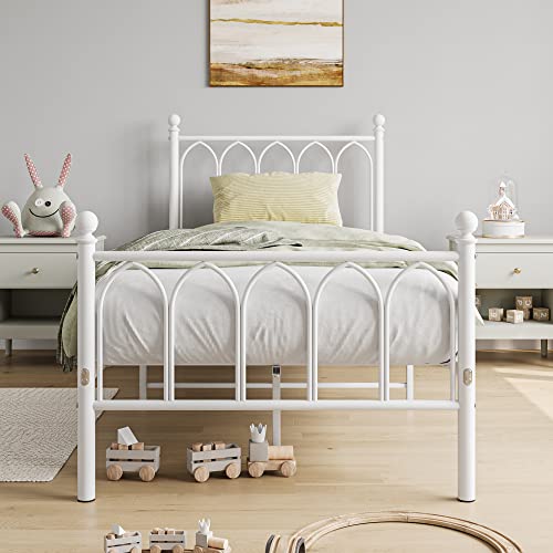 JELUTE Cadre de lit simple en métal 90 x 190 cm avec tête de lit et pied de lit, base robuste, support à lattes métalliques, blanc