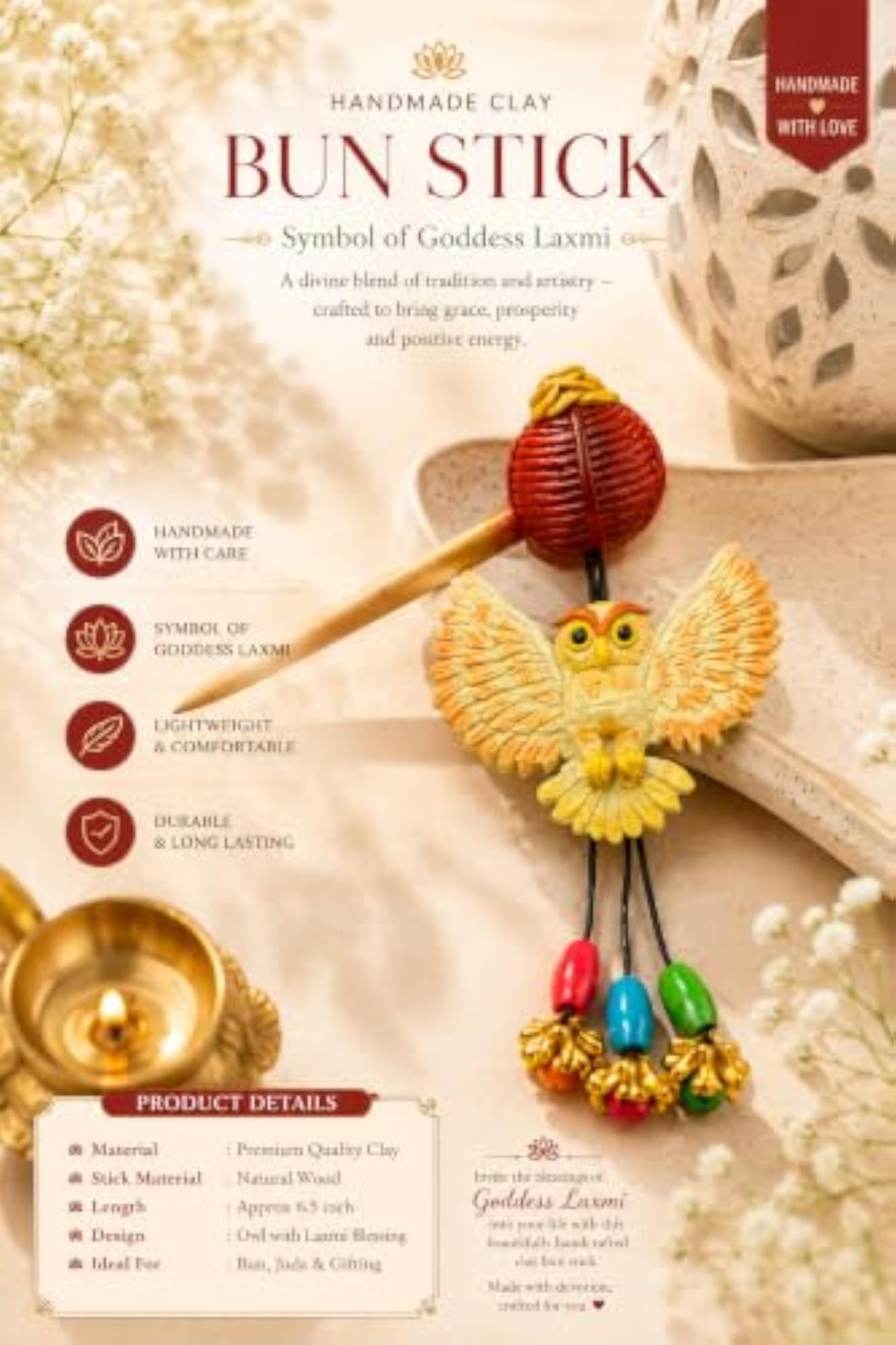 Handmade Clay Owl Bun Stick for Women, Unique Juda Pin