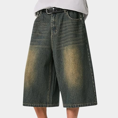 Cambkatl Wide Leg Capris for Men Denim Pants - Vintage Washed Casual Summer Loose 3/4 Lenght Baggy Jeans with Pockets4