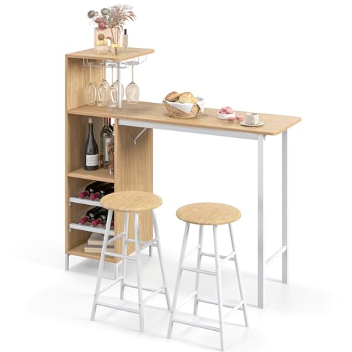 RELAX4LIFE Table Haute avec Tabouret, Mange Debout avec Porte-Verre, Porte-Bouteille, Étagères, Petite Table Bar Industrielle pour Cuisine Bistro Salle à...