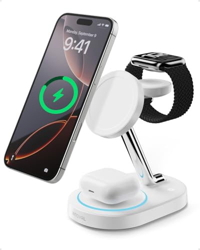 Intoval Fast Charging Station for Magsafe Apple Devices, Wireless Charger for MagSafe iPhones, 3 in 1 Magnetic Charger Stand for iPhone16/15/14/13, Apple Watch & AirPods.(White)