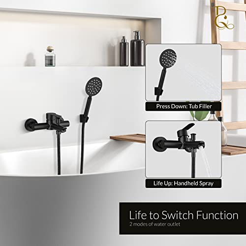 Brassqueen Matte Black Bathroom Tub Faucet Single Lever Handle Dual Functions Wall Mount Stainless Steel Diverter Switches Bathtub Shower Faucet With Handheld Sprayer Bath Shower Mixer Tap #TOP3