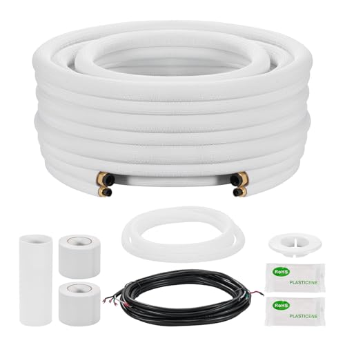 Image of VEVOR 50ft Mini Split Line Set, 1 /4 inch & 3 /8 inch OD AC Copper Tubing Pipe, 3 /8 White PE Thickened Insulated Coil with Flared Nuts, Rich Fittings, for Mini Split Air Conditioner HVAC or Heat Pump System