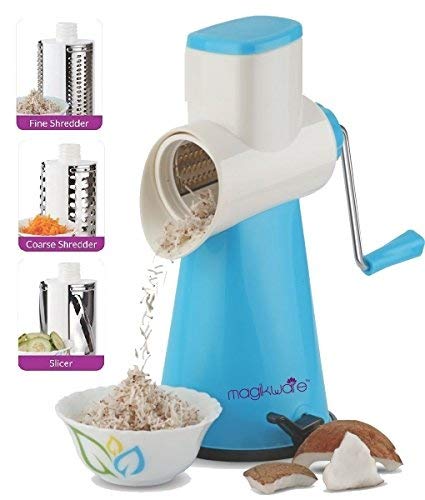 Generic Magikware Vegetable Grater Mandoline Slicer Rotary Drum Fruit Cutter Cheese Shredder with 3 Stainless Steel Rotary Blades and Suction Cup Feet (Blue)