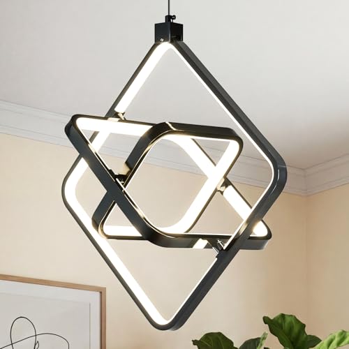 Image of Modern LED Pendant Lights Plated Black Rectangular Pendant Light Fixtures 4000K 35W Dimmable Pendant Lighting for Dining Room Kitchen Island Bedroom Living Room Foyer(3-Ring)