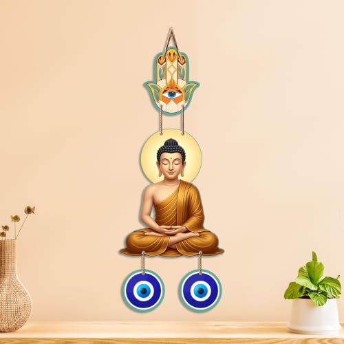 Image of Artvibes Meditating Buddha Wall Hanging with Hamsa Hand and Evil Eye Protection Charm | Spiritual Home Decor for Meditation and Mindfulness | Decorative Hanging for Living Room | Yoga Space (WH 8599N)