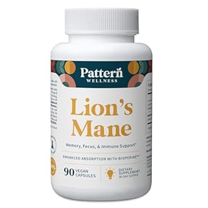 Pattern Wellness Lion’s Mane Mushroom – Supplement Capsules for Cognitive & Focus Support – Enhanced Absorption – 90 Vegan Capsules