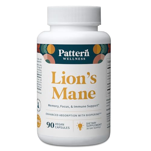 Pattern Wellness Lion’s Mane Mushroom – Supplement Capsules for Cognitive & Focus Support – Enhanced Absorption – 90 Vegan Capsules