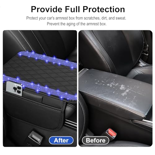 NBTEPEM Bling Car Center Console Cover, Leather Car Arm Rest Cover Cushion with 2 Storage Bags, Universal Automotive Armrest Protector Storage Box, Bling Accessories Interior for Most Vehicles (Blue) - Thumbnail 6