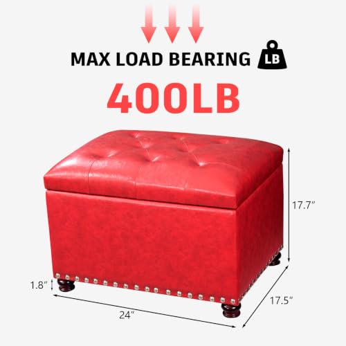 Image of Joveco Leather Storage Ottoman, 24 inch Rectangle Square Bench Foot Rest Stool for Bedroom Living Room, Red
