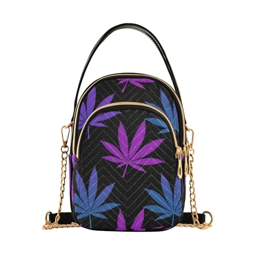 Purple Blue Gradient Leaves Black Shoulder Handbags for Women Cute Animal Chain Strap Phone Wallet Handbag Quilted Ladies Tote Crossbody Satchel