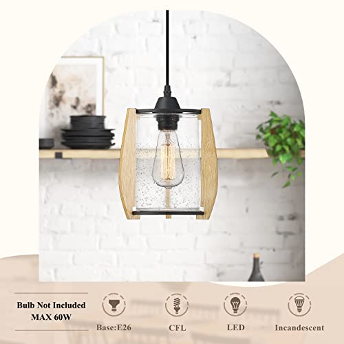 Image of zeyu Farmhouse Wood Pendant Light, 1-Light Rustic Wooden Hanging Light with Seeded Glass Shade, Black Finish, ZSL67MIL BK+WD