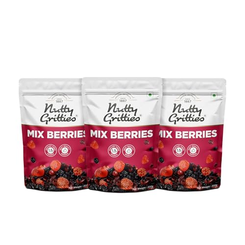 Image of Nutty Gritties Mix Berries 600g- Dried Cranberries, Blueberries, Strawberries, Black Currants - Healthy Snack for kids and adults - 200g (Pack of 3)