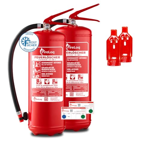 FireLoq 6kg Pulver Feuerlöscher für Brandklasse ABC mit 9 LE Dauerdruck inkl. Prüfnachweis,Wandhalter und Manometer