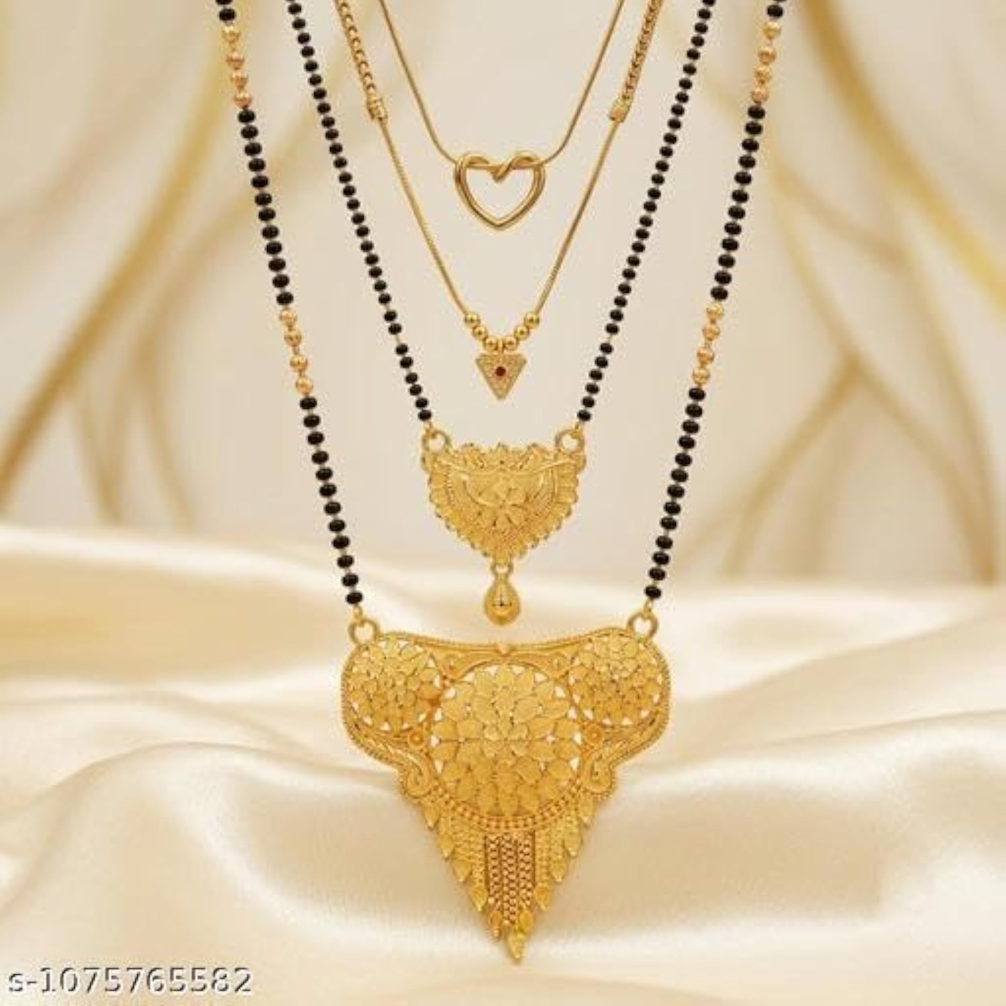 4pc Gold Plated Mangalsutra Necklace Set with Black Beaded Chains