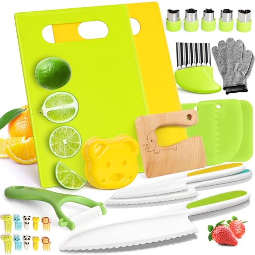 Image of Suhctuptx 28PCS Toddler Knife Set - Kids Knifes for Real Cooking, Wooden Kids Kitchen Knife Set with Gloves Cutting Board Crinkle Cutters Kid Safe Knives, Toddlers Kitchen Tools
