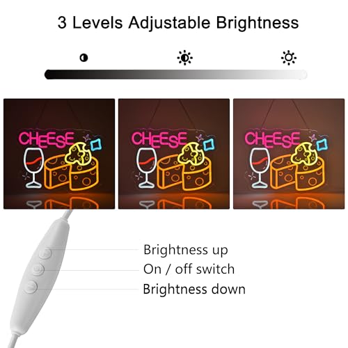 Image of Cheese Neon Sign, Neon Lights Hanging Wall Art Decoration for Store Retail Shop Market Mall Grocery Bakeries Cafe Celebration Home Decor, USB Powered Ultra Bright Dimmable, 15.75x11.8inches