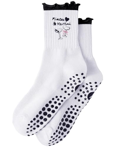 Image of Yawlsow Cute Pilates Grip Socks for Women Ruffle Frilly Yoga Socks Non Slip Cotton Crew Grippy Sock for Barre Workout